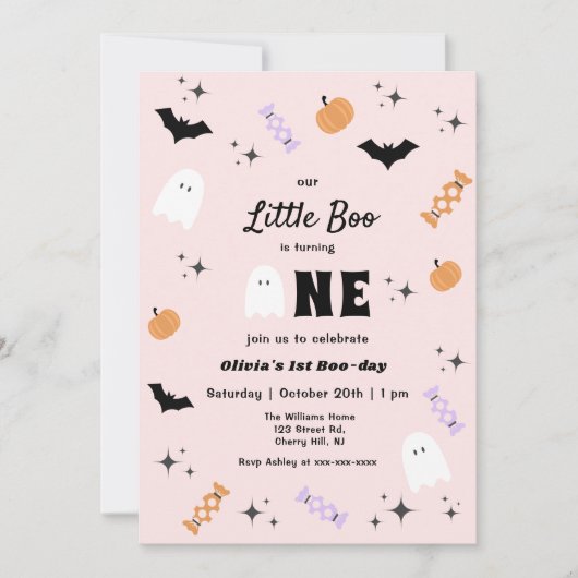 Roze onze kleine Boo Halloween 1e verjaardag Kaart (Voorkant)
