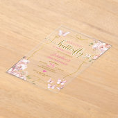 Roze onze kleine vlinder bloemenmeisje 1e verjaard acryl uitnodigingen (Laagn)