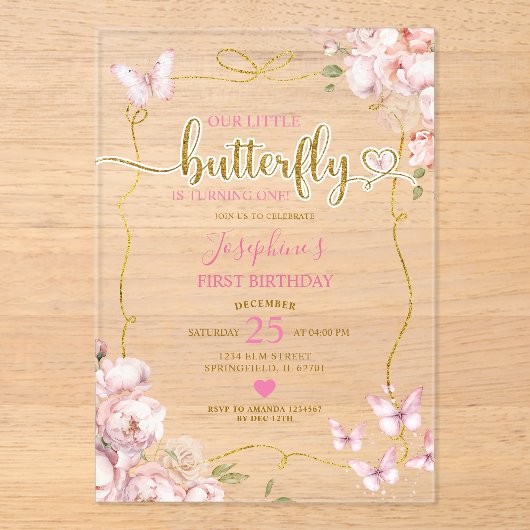 Roze onze kleine vlinder bloemenmeisje 1e verjaard acryl uitnodigingen (Voorkant)