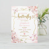 Roze onze kleine vlinder bloemenmeisje 1e verjaard kaart (Staand voorkant)