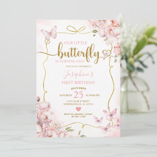 Roze onze kleine vlinder bloemenmeisje 1e verjaard kaart (Staand voorkant)