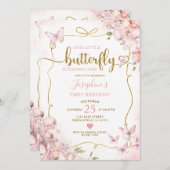 Roze onze kleine vlinder bloemenmeisje 1e verjaard kaart (Voorkant / Achterkant)