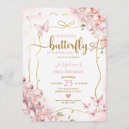 Roze onze kleine vlinder bloemenmeisje 1e verjaard kaart (Voorkant / Achterkant)