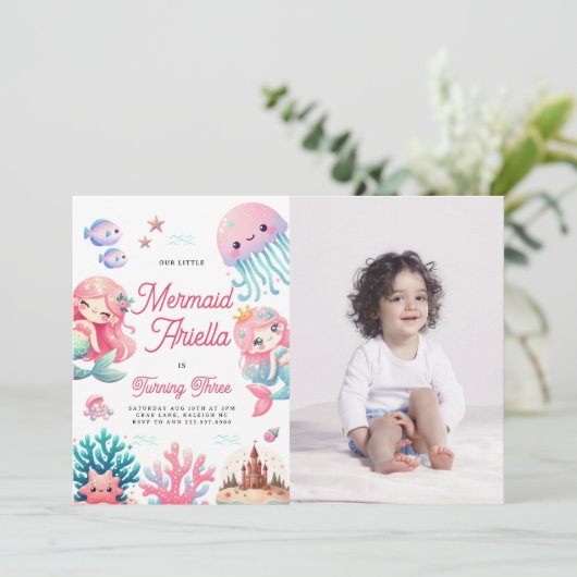 Roze Onze Kleine Zeemeermin Meisje Verjaardagsfees Kaart (Staand voorkant)