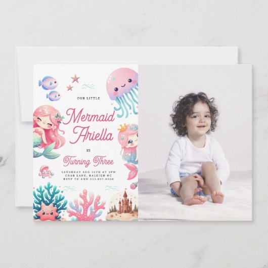Roze Onze Kleine Zeemeermin Meisje Verjaardagsfees Kaart (Voorkant)