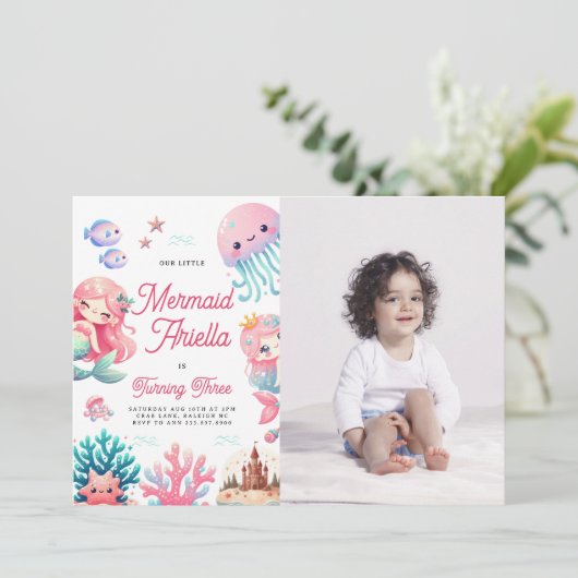 Roze Onze Kleine Zeemeermin Meisje Verjaardagsfees Kaart (Staand voorkant)