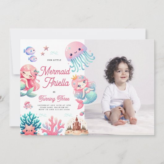 Roze Onze Kleine Zeemeermin Meisje Verjaardagsfees Kaart (Voorkant)