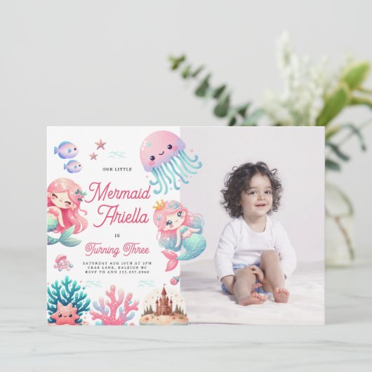 Roze Onze Kleine Zeemeermin Meisje Verjaardagsfees Kaart (Staand voorkant)