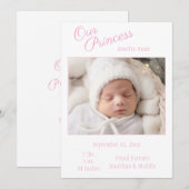 Roze onze prinses foto baby geboorteaankondiging aankondiging (Voorkant / Achterkant)