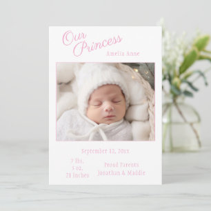 Roze onze prinses foto baby geboorteaankondiging aankondiging