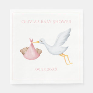 Roze Ooievaar Baby Beer Meisje Baby shower Servet