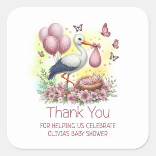 Roze Ooievaar Baby Meisje Baby shower Dank u Vierkante Sticker