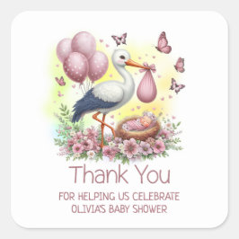 Roze Ooievaar Baby Meisje Baby shower Dank u Vierkante Sticker