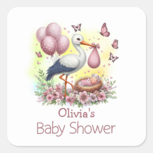Roze Ooievaar Baby Meisje Baby Shower Vierkante Sticker