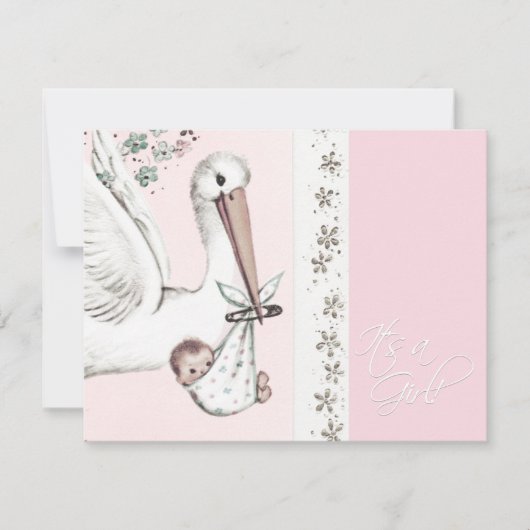  Roze Ooievaar Baby Meisje Douche Uitnodigingen (Voorkant)