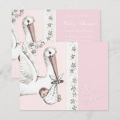  Roze Ooievaar Baby Meisje Douche Uitnodigingen (Voorkant / Achterkant)