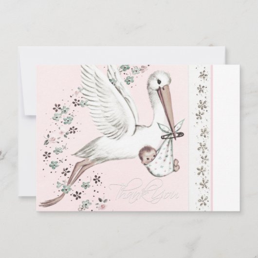  Roze Ooievaar Baby shower Dank u Bedankkaart (Voorkant)