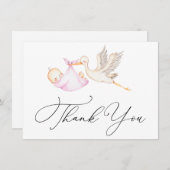 Roze Ooievaar Baby shower Dank u Nota Kaart Notitiekaartje (Voorkant / Achterkant)