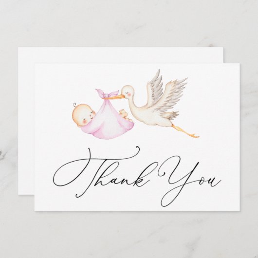 Roze Ooievaar Baby shower Dank u Nota Kaart Notitiekaartje (Voorkant / Achterkant)