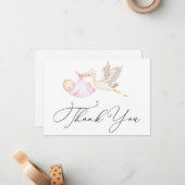Roze Ooievaar Baby shower Dank u Nota Kaart Notitiekaartje (Voorkant / Achterkant in situ)