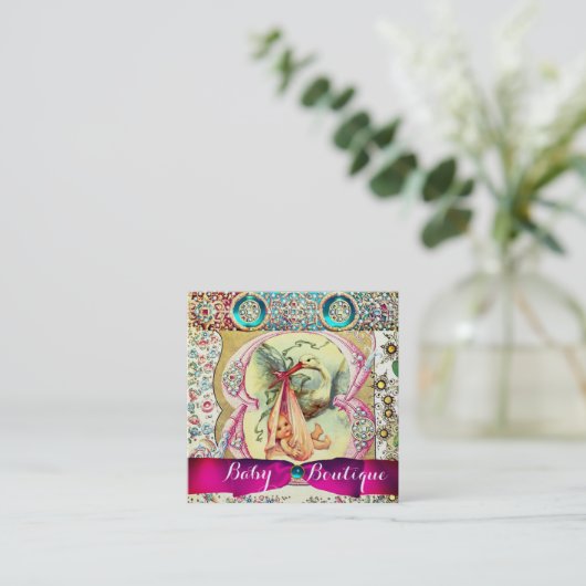 ROZE OOIEVAAR BABY SHOWER, EDELSTENEN, BLOEMENWERV VIERKANTE VISITEKAARTJE (Staand voorkant)