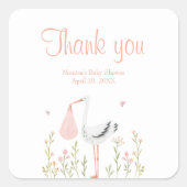 Roze ooievaar baby shower gunst vierkante sticker (Voorkant)