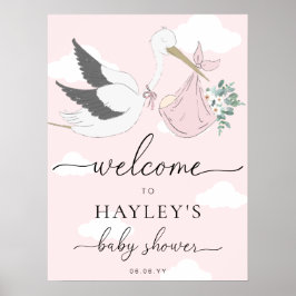 Roze Ooievaar Baby shower Welkom Poster