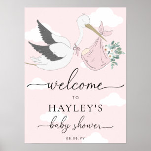 Roze Ooievaar Baby shower Welkom Poster