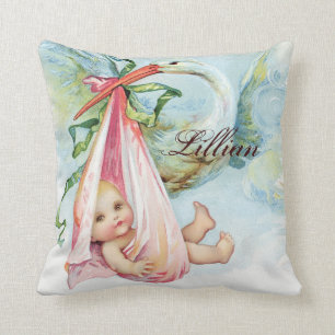Roze ooievaar kussens voor babymeisje in vintage s