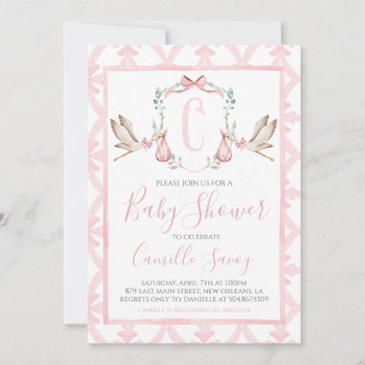 Roze Ooievaar Meisje Baby shower Preppy Southern Kaart (Voorkant)