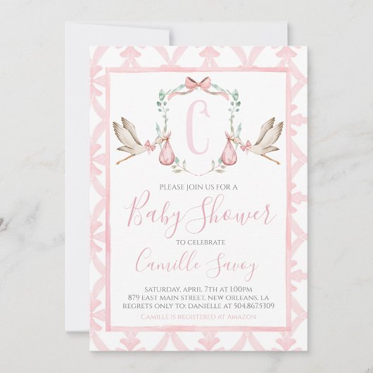 Roze Ooievaar Meisje Baby shower Preppy Southern Kaart