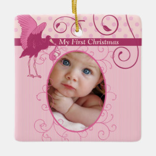 Roze Ooievaar Meisje Geboorte Stats Foto Keramisch Ornament