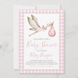 Roze Ooievaar Meisje Preppy Southern Baby shower Kaart