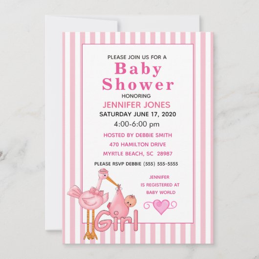 Roze ooievaar met Baby bundel Baby shower uitnodig Kaart (Voorkant)