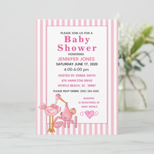 Roze ooievaar met Baby bundel Baby shower uitnodig Kaart (Staand voorkant)