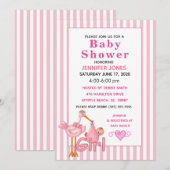 Roze ooievaar met Baby bundel Baby shower uitnodig Kaart (Voorkant / Achterkant)
