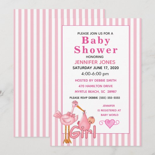 Roze ooievaar met Baby bundel Baby shower uitnodig Kaart (Voorkant / Achterkant)