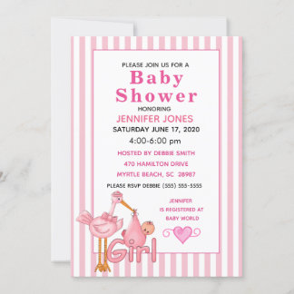 Roze ooievaar met Baby bundel Baby shower uitnodig Kaart