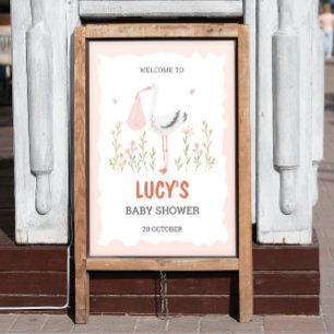 Roze Ooievaar Waterverf Baby Meisje Douche Poster