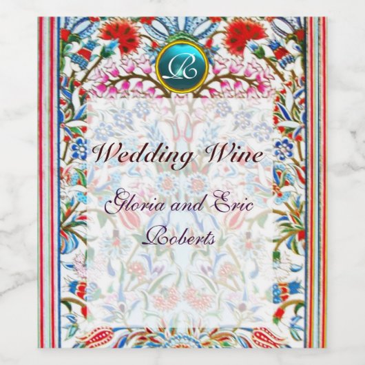 ROZE OOSTERSE BLOEMEN DAMASK BLUE GEM MONOGRAM WIJN ETIKET (Enkel label)