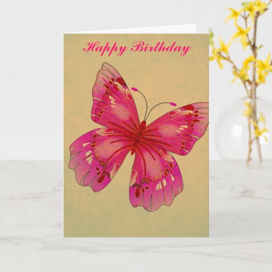 Roze Oosterse  vlinderkunst Happy Birthday Kaart (Gele Bloem)