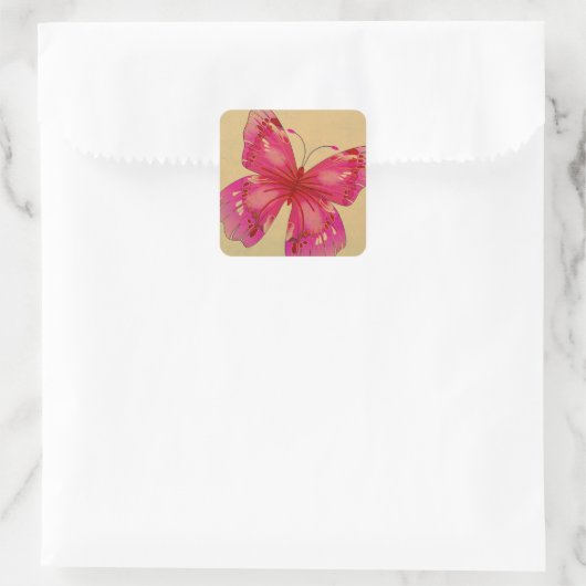 Roze oosterse  vlinderkunst vierkante sticker (Tas)