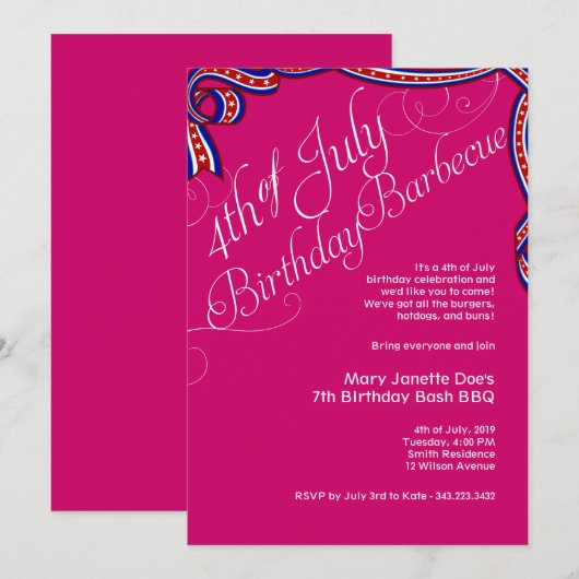 Roze op 4 juli BBQ Birthday Party Kaart (Voorkant / Achterkant)