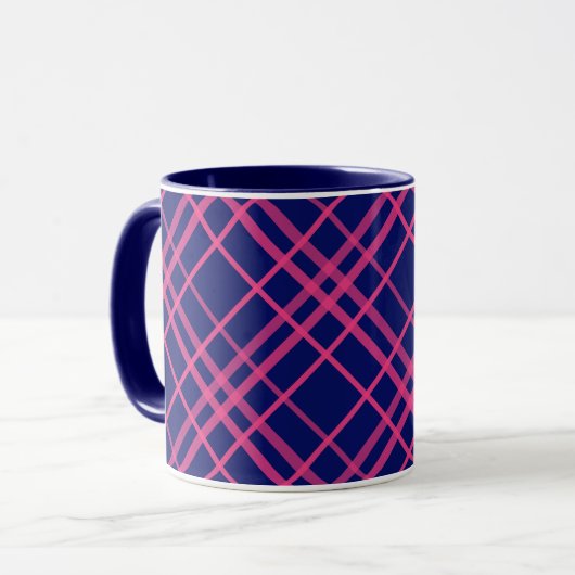 Roze op blauw Tartan Plaid Pattern Design Mok (Voorkant links)