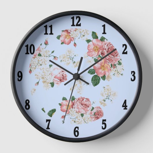 Roze op blauwe Vintage Floral Large Clock (Voorkant)