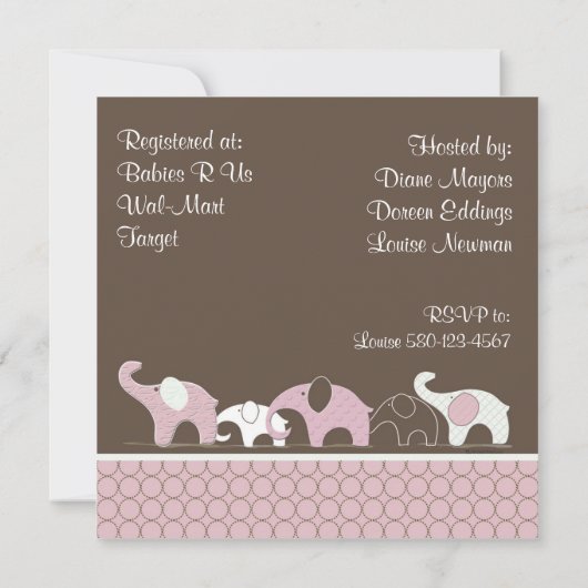 Roze op bruin ellefant babyschoeisel kaart (Achterkant)