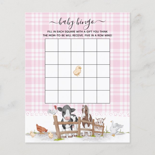 Roze op de boerderij dieren Baby shower bingo spel (Voorkant)