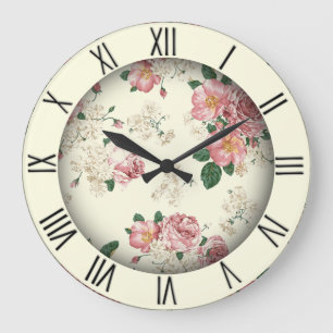 Roze op Gele  Floral Roman Numerals Grote Klok