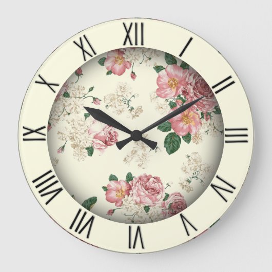 Roze op Gele  Floral Roman Numerals Grote Klok (Voorkant)