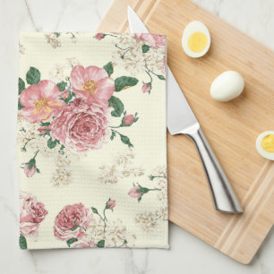 Roze op gele vintage bloemen theedoek